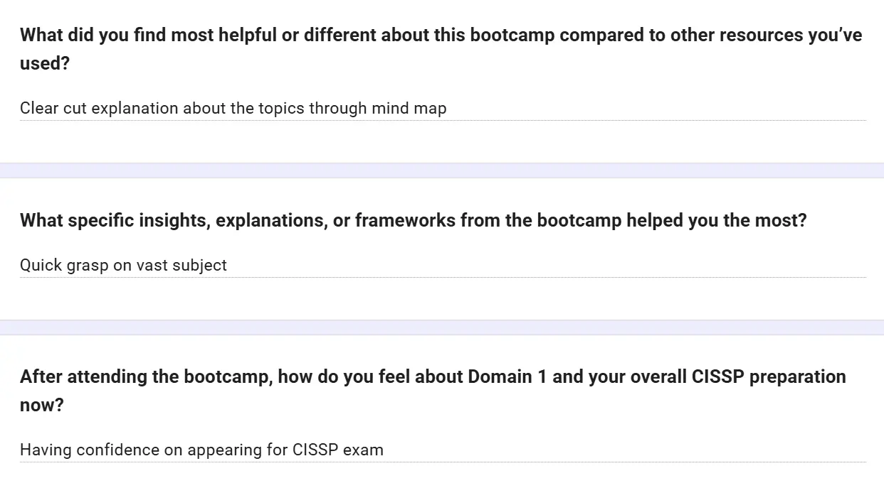 Feedback form: Clear-cut explanation of the topics through mind maps. Quick grasp of a vast subject. Having confidence about appearing for the CISSP exam.